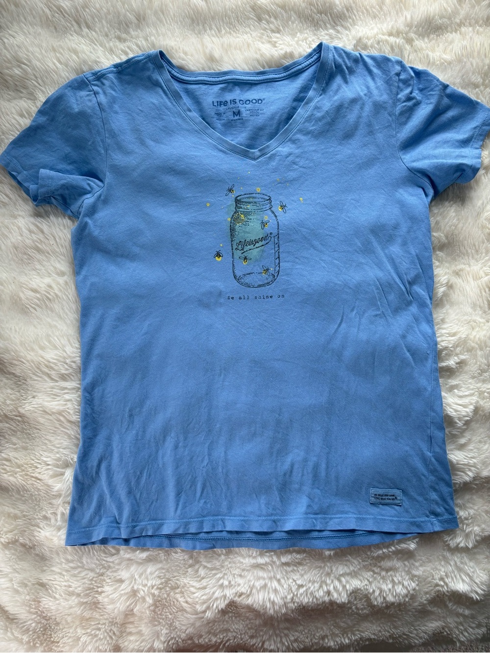Life is Good Womens Blue V-Neck Tee with Mason Jar Graphic